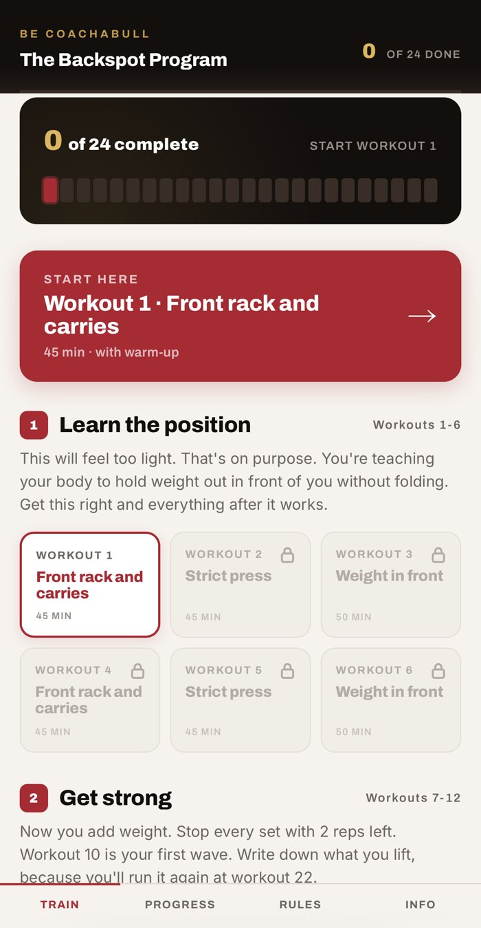 The Backspot Program on a phone, showing the workout list and progress